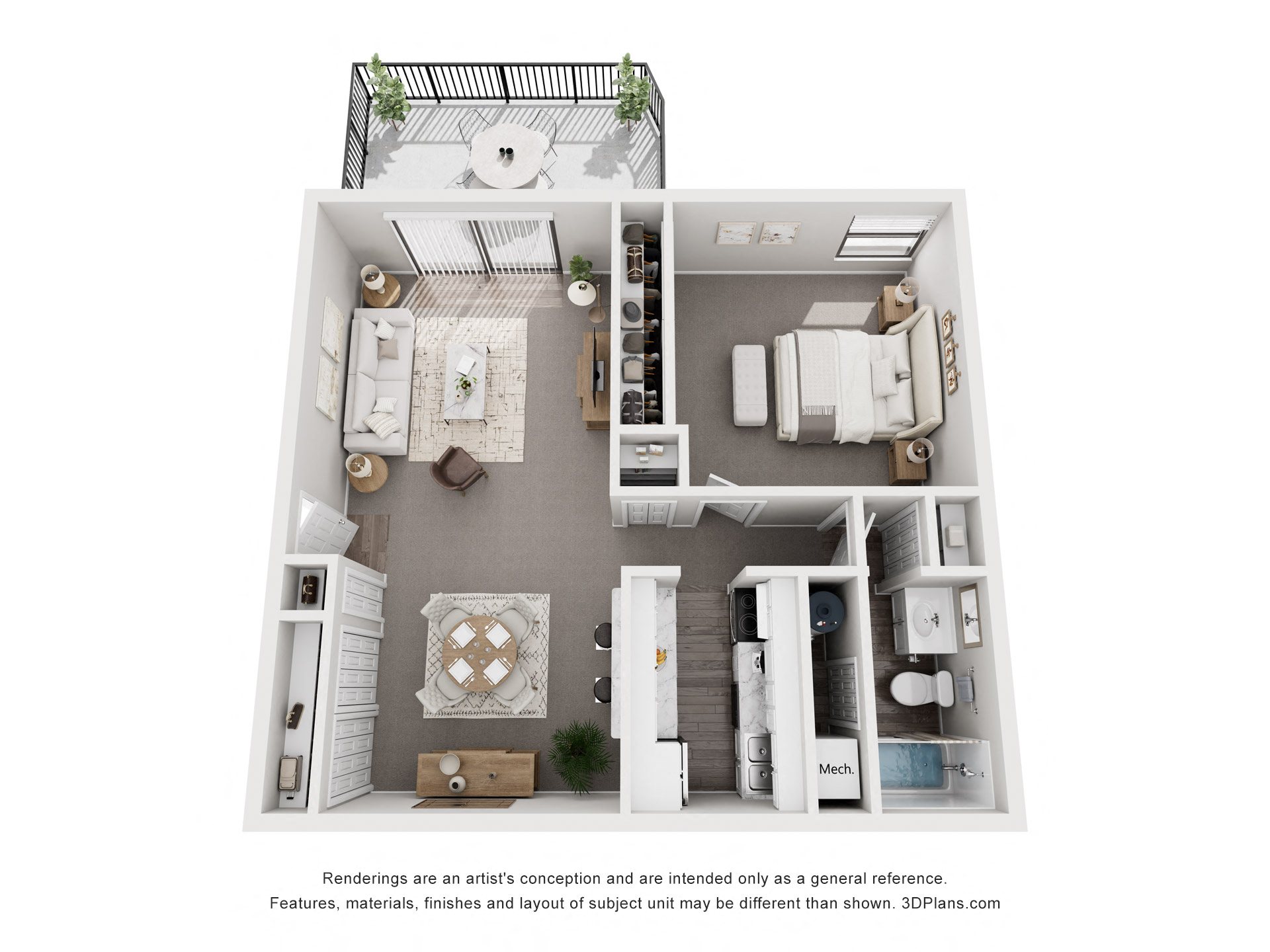 Floor plan for 1 bed, 1 bath, 728 sqft